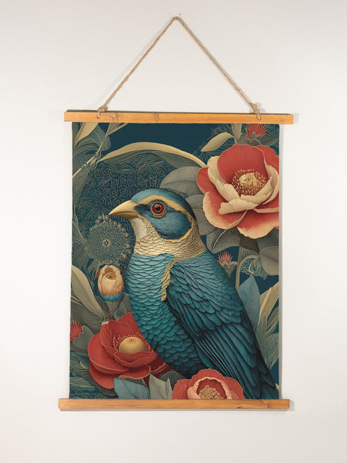 Elegant Victorian-style bird wall tapestry featuring detailed blue songbird surrounded by vintage coral peonies and classical botanical foliage in ornate vintage illustration style, measuring 26 inches wide by 36 inches long, made from silky polyester fabric with advanced 3D printing technology that mimics embroidery texture, complete with beautiful stained wooden frame and natural twine hanging system for easy wall mounting, perfect for vintage-inspired living rooms, bedrooms, or classic home decor